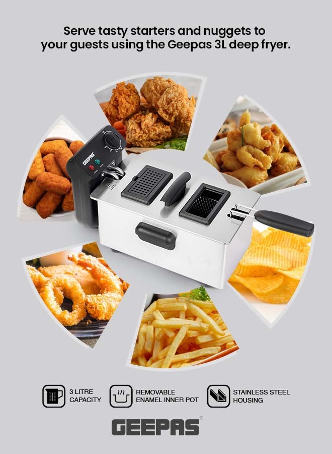 GEEPAS Deep Fryer With Adjustable Thermostat/Frying Basket With Handle/Removable Enamel Inner Pot/Fully Immiscible Heating Element/Brushed Stainless Steel Housing/Ideal For French Fries, Chicken Wings, Onion Rings, Tempura, Donuts, Fish, Chips, Snacks 3 L 2000 W GDF36015N Silver/Black - Image 2