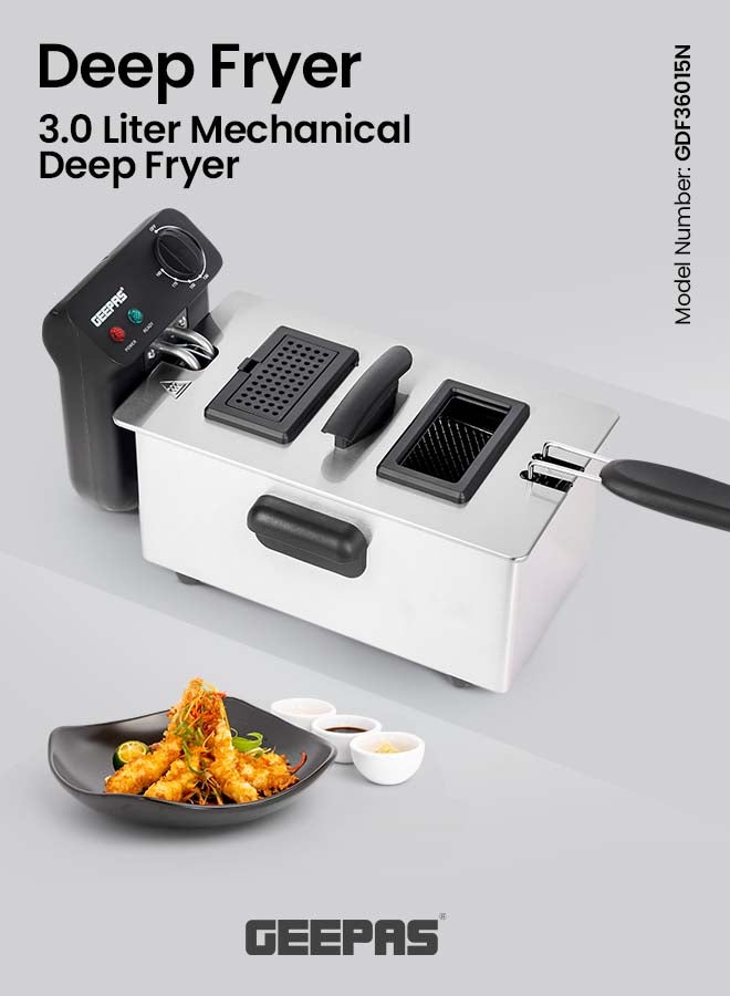 GEEPAS Deep Fryer With Adjustable Thermostat/Frying Basket With Handle/Removable Enamel Inner Pot/Fully Immiscible Heating Element/Brushed Stainless Steel Housing/Ideal For French Fries, Chicken Wings, Onion Rings, Tempura, Donuts, Fish, Chips, Snacks 3 L 2000 W GDF36015N Silver/Black - Image 1
