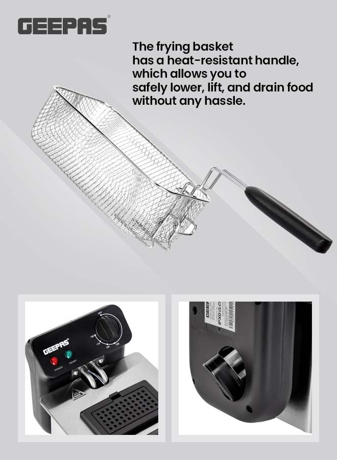 GEEPAS Deep Fryer With Adjustable Thermostat/Frying Basket With Handle/Removable Enamel Inner Pot/Fully Immiscible Heating Element/Brushed Stainless Steel Housing/Ideal For French Fries, Chicken Wings, Onion Rings, Tempura, Donuts, Fish, Chips, Snacks 3 L 2000 W GDF36015N Silver/Black - Image 5