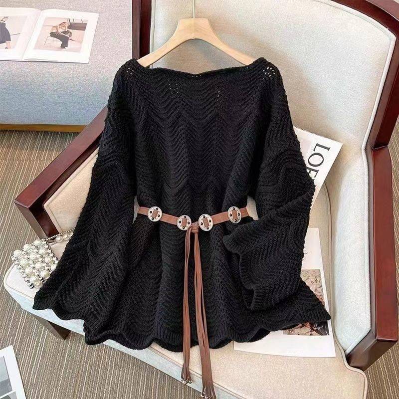 Plus Size Womens Clothing 2025 Spring  Fall New Style One-Line Collar Cut Out Knitted Sweater Korean Style Age-Reducing Waist Loose and Versatile Women Black [fabric] free belt 