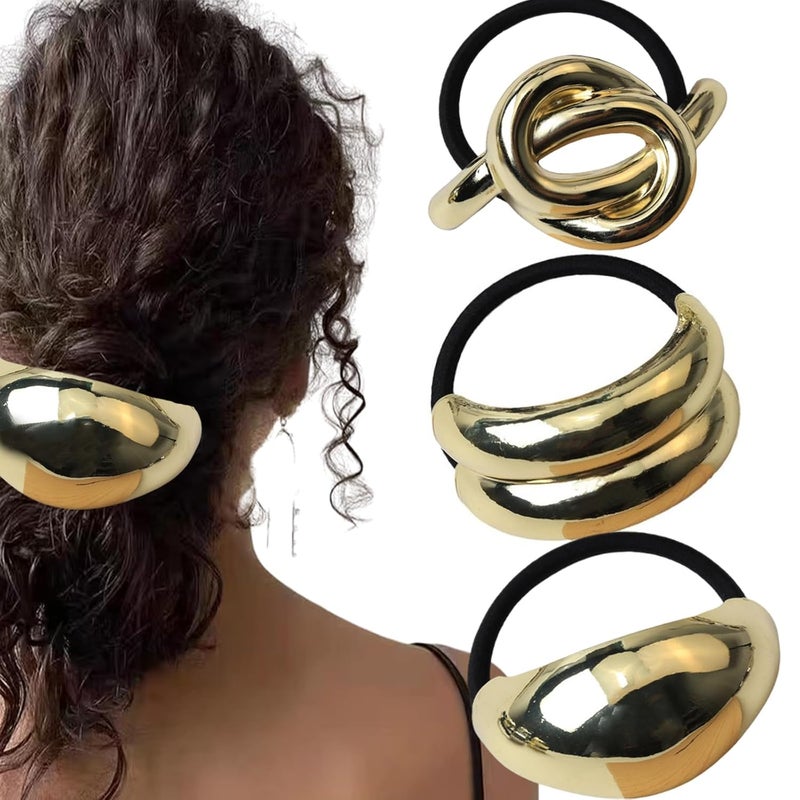 Generic Metal Hair Tie Ponytail Holder Elastic Hair Bands RopesElastic Hairband for Women Hair Rings Set 3 Pieces Gold 