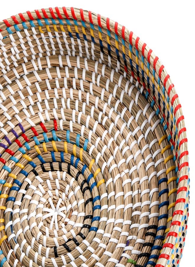 SOUJOY 12'' Woven Seagrass Serving Tray, Rattan Serving Tray, Handmade Round Ottoman Fruit Tray, Colorful Coffee Table Decorative Tray for Bread, Tea, Breakfast, Coffee, Drinks, Snack, Wall Decor - Image 3