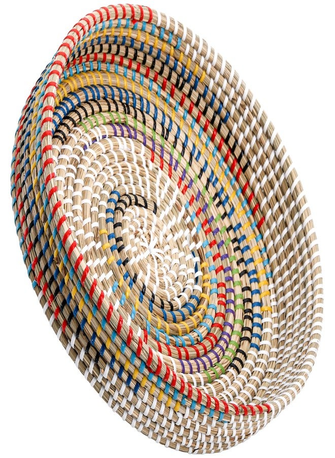 SOUJOY 12'' Woven Seagrass Serving Tray, Rattan Serving Tray, Handmade Round Ottoman Fruit Tray, Colorful Coffee Table Decorative Tray for Bread, Tea, Breakfast, Coffee, Drinks, Snack, Wall Decor - Image 1