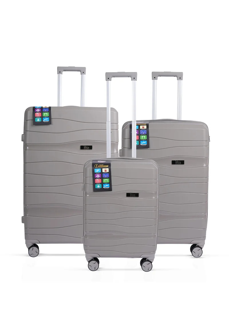 MNUK Viajero Set of 3 Luggage | PP Material Hard-side Smooth and comfortable Luggage Trolley with TSA Lock | Double 360° 4 Wheeler| Cabin, Medium, Large| Grey