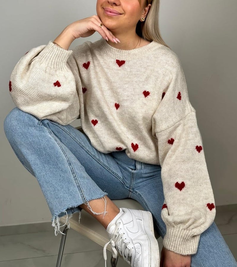 Argeousgor Women Heart Print Sweater Love Graphic Knitted Top Crewneck Cute Holiday Long Sleeve Shirts XL - Image 3