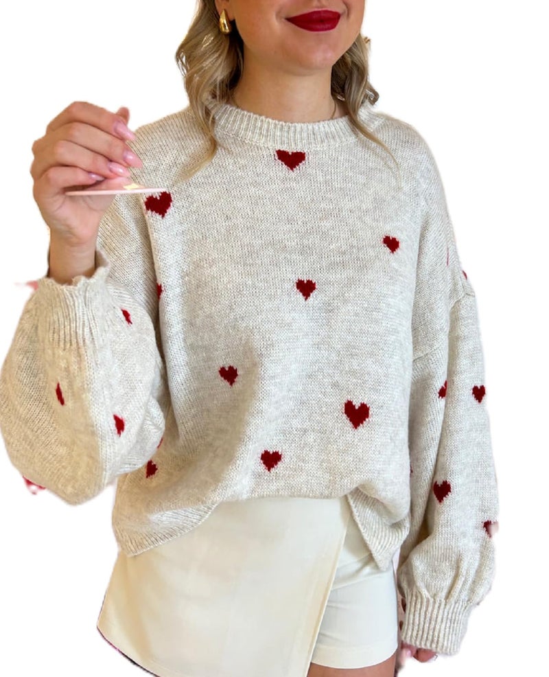 Argeousgor Women Heart Print Sweater Love Graphic Knitted Top Crewneck Cute Holiday Long Sleeve Shirts XL - Image 1