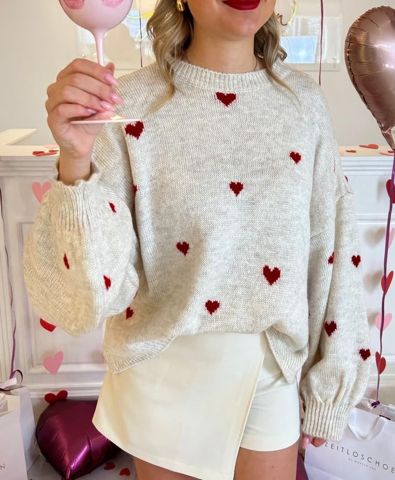 Argeousgor Women Heart Print Sweater Love Graphic Knitted Top Crewneck Cute Holiday Long Sleeve Shirts XL - Image 5