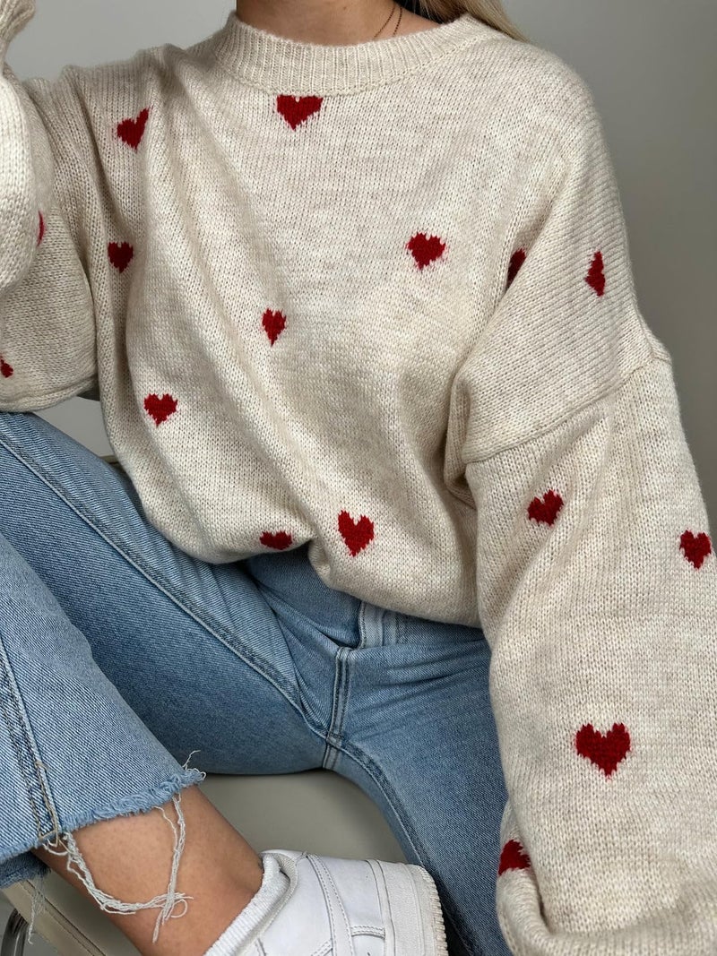 Argeousgor Women Heart Print Sweater Love Graphic Knitted Top Crewneck Cute Holiday Long Sleeve Shirts XL - Image 4