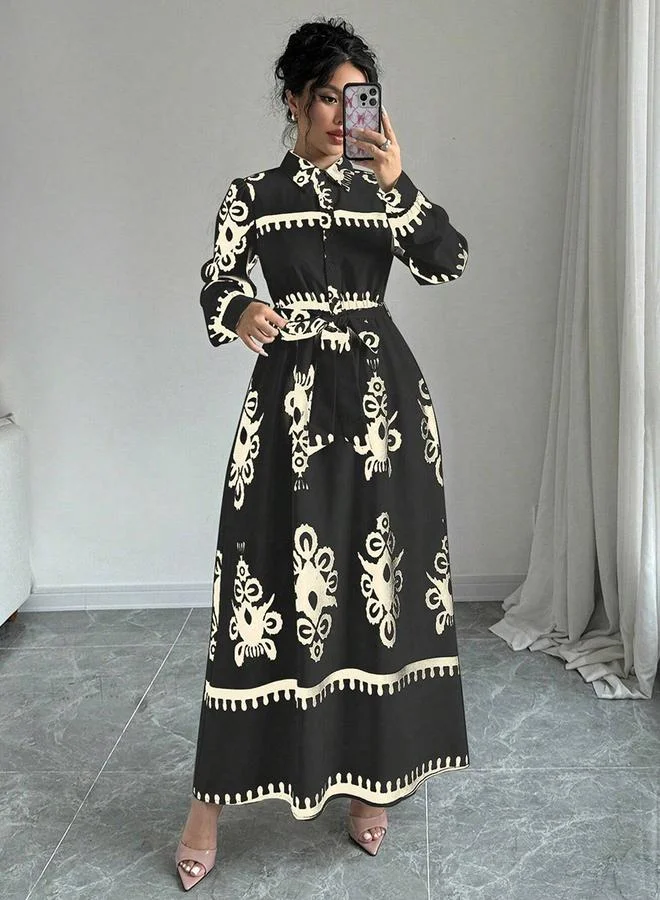 Take Two Women Graphic Belted Button Front Maxi Dress