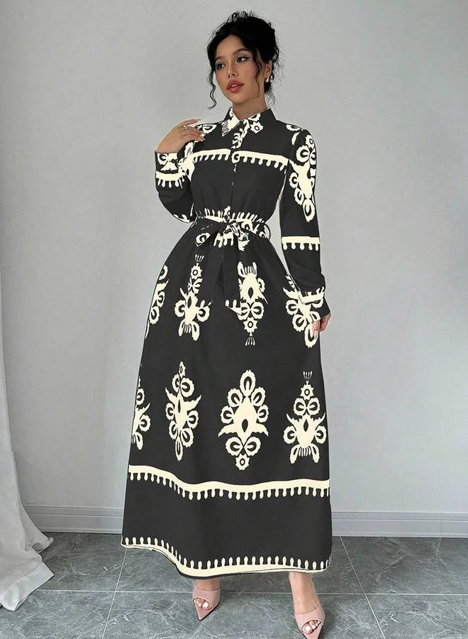 Take Two black and cream Women Graphic Belted Button Front Maxi Dress for Women | Best Price UAE