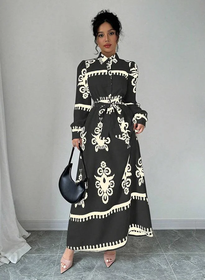 Take Two black and cream Women Graphic Belted Button Front Maxi Dress for Women | Best Price UAE