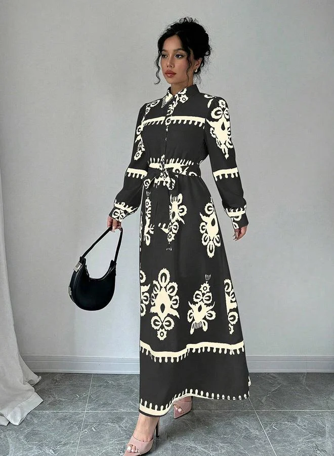 Take Two black and cream Women Graphic Belted Button Front Maxi Dress for Women | Best Price UAE