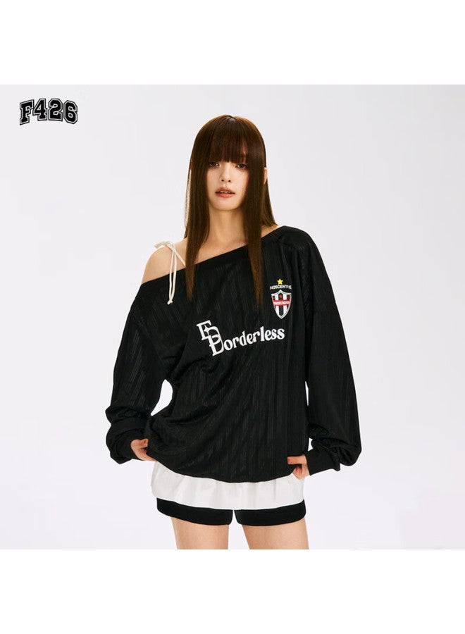 F426 Official Store National Trend Brand Autumn New Loose Casual American Style Printed One-shoulder Jersey Sweatshirt Black L