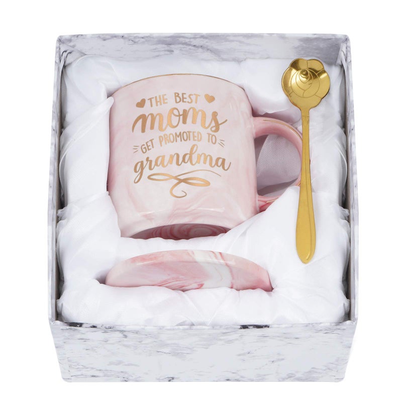 The Best Moms Get Promoted to Grandma Mug Christmas Gifts for Grandma from Grandson Granddaughter Funny Coffee Mug12Oz with Box and Spoon Coaster