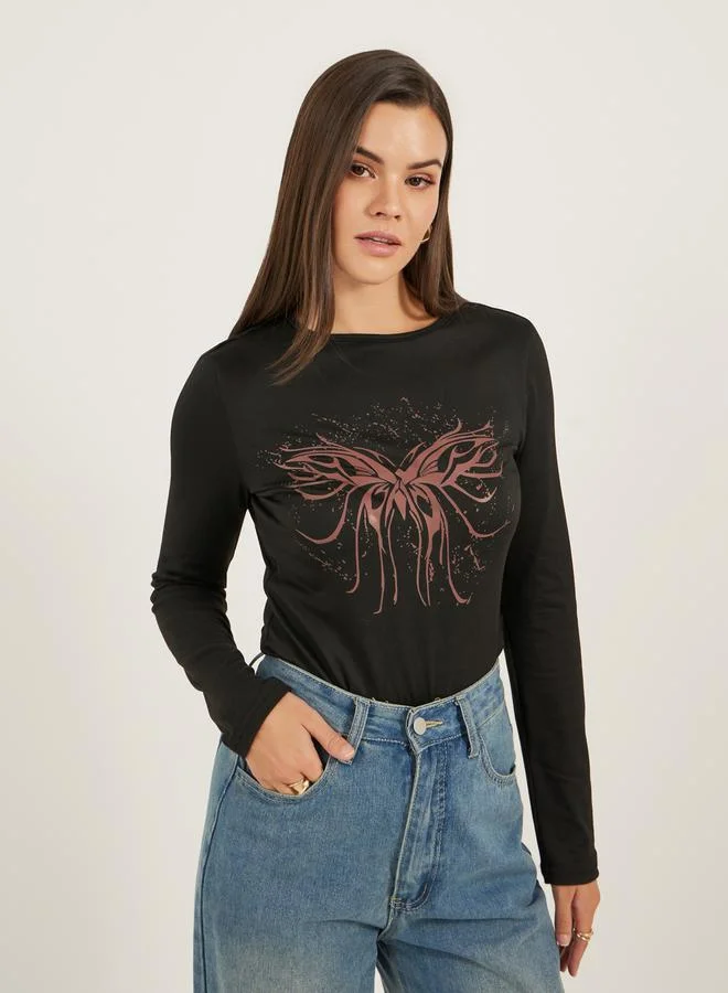 Take Two Butterfly Graphic Print Long Sleeve T-Shirt by Styli