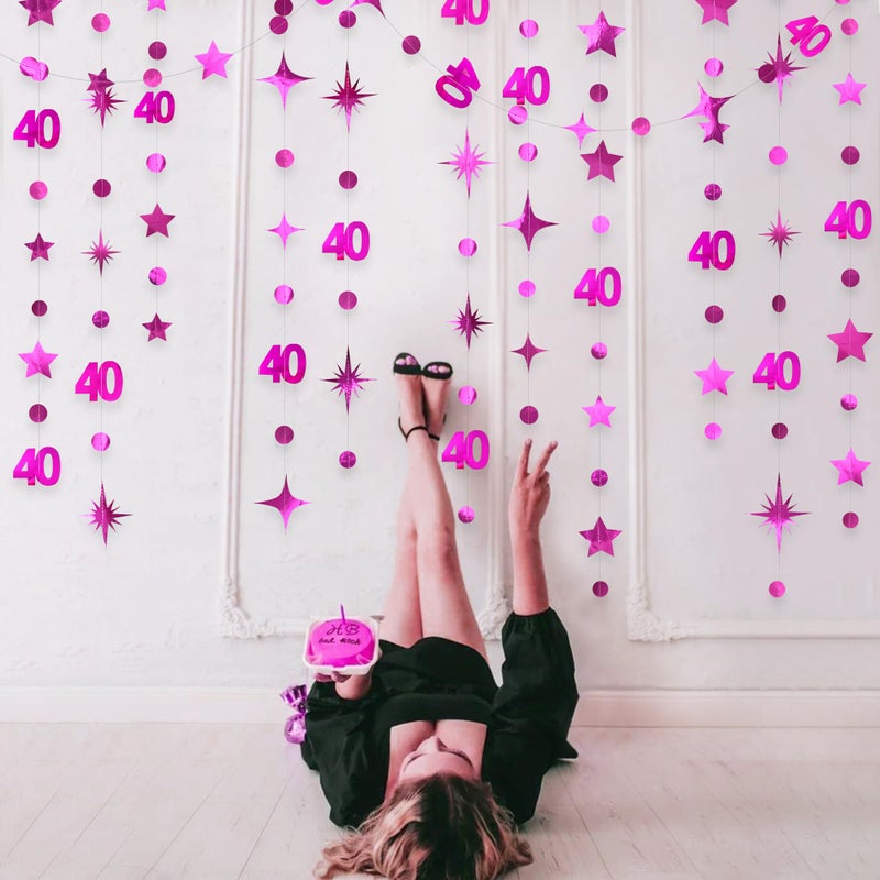 pinkblume Hot Pink 40th Birthday Decorations Number 40 Circle Dot Twinkle Star Garland Metallic Hanging Streamer Bunting Banner Backdrop for Women Cheers to 40 Years Old Bday Forty Anniversary Party Supplies - Image 5