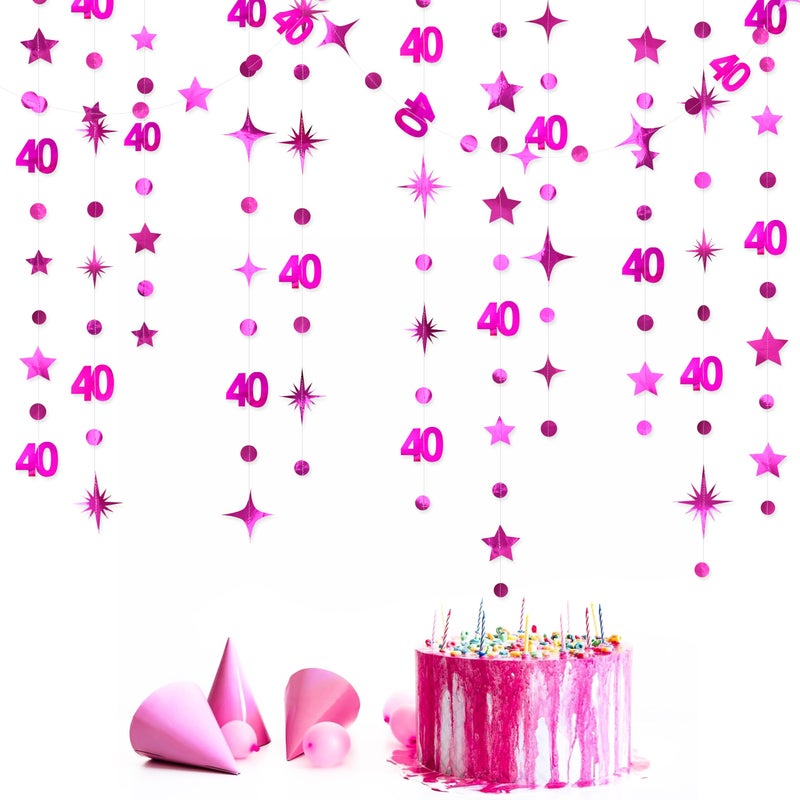 pinkblume Hot Pink 40th Birthday Decorations Number 40 Circle Dot Twinkle Star Garland Metallic Hanging Streamer Bunting Banner Backdrop for Women Cheers to 40 Years Old Bday Forty Anniversary Party Supplies - Image 4