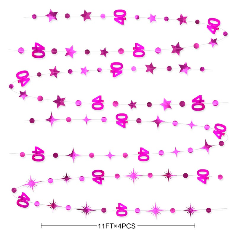 pinkblume Hot Pink 40th Birthday Decorations Number 40 Circle Dot Twinkle Star Garland Metallic Hanging Streamer Bunting Banner Backdrop for Women Cheers to 40 Years Old Bday Forty Anniversary Party Supplies - Image 2