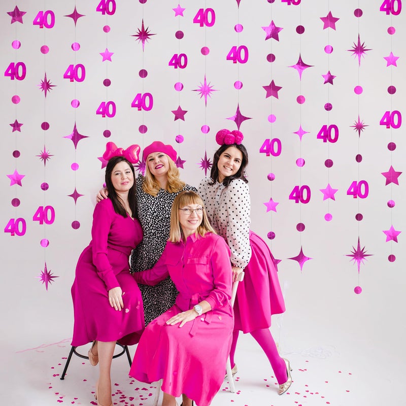 pinkblume Hot Pink 40th Birthday Decorations Number 40 Circle Dot Twinkle Star Garland Metallic Hanging Streamer Bunting Banner Backdrop for Women Cheers to 40 Years Old Bday Forty Anniversary Party Supplies - Image 3