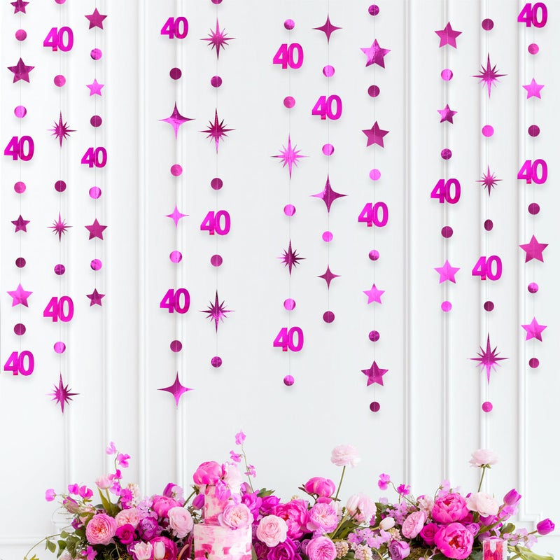 pinkblume Hot Pink 40th Birthday Decorations Number 40 Circle Dot Twinkle Star Garland Metallic Hanging Streamer Bunting Banner Backdrop for Women Cheers to 40 Years Old Bday Forty Anniversary Party Supplies - Image 1