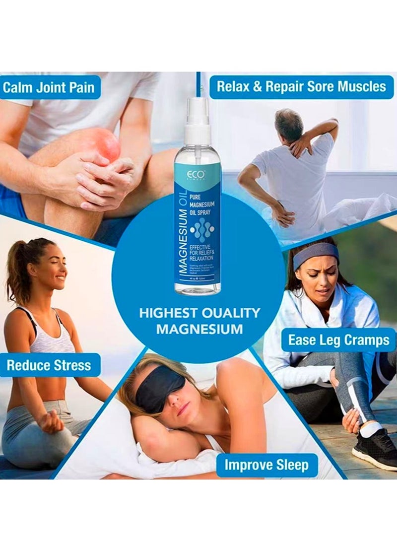 ECO finest Pure Magnesium Oil Spray 120ML Spray High Strength Magnesium Spray Energy Boost Sleep Muscle Ache and Stress Relief Improve Sleep Leg and Joint Care Reduce ItchingBody Odor Reduction Topical Pure Magnesium Oil for Feet and Body 4OZ  - Image 2