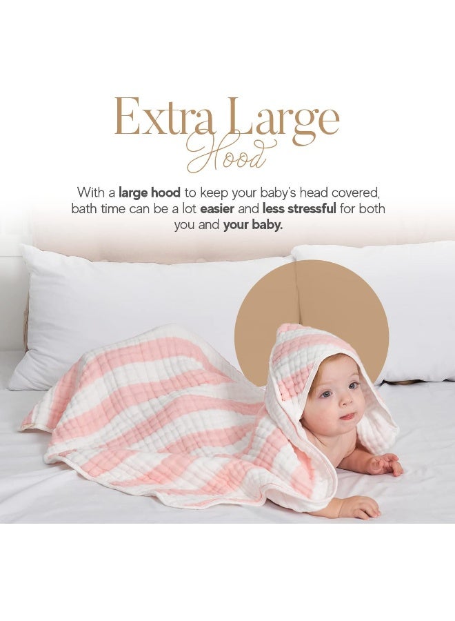 HardNok Muslin Hooded Baby Towel 4 Pack, Preuim Muslin 6 Layers Natural Cotton Baby Bath Towels, Soft and Comfortable for Boys,Girls (32x32,Pink Striped and White) - Image 3
