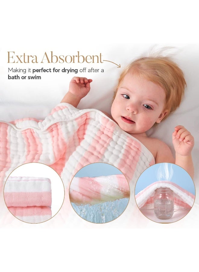 HardNok Muslin Hooded Baby Towel 4 Pack, Preuim Muslin 6 Layers Natural Cotton Baby Bath Towels, Soft and Comfortable for Boys,Girls (32x32,Pink Striped and White) - Image 2