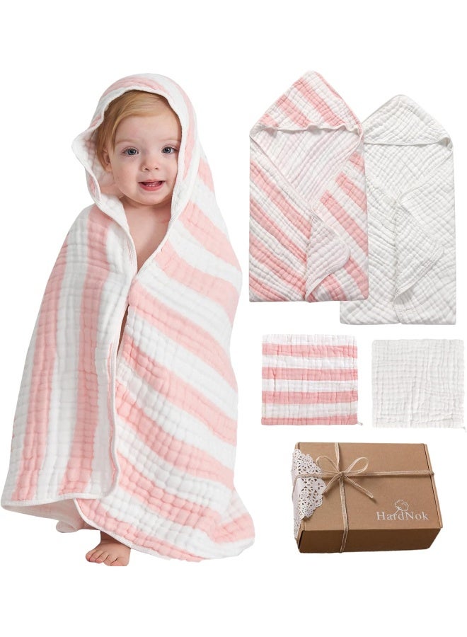 HardNok Muslin Hooded Baby Towel 4 Pack, Preuim Muslin 6 Layers Natural Cotton Baby Bath Towels, Soft and Comfortable for Boys,Girls (32x32,Pink Striped and White) - Image 1