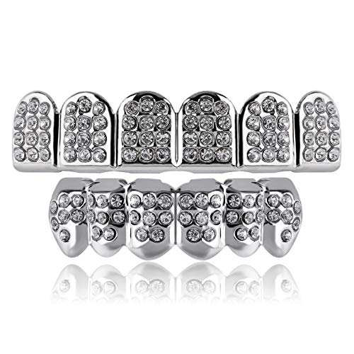 TOPGRILLZ Poker Heart Grills for Your Teeth, Grillz Teeth Men Grillz for Women, 18K Gold Plated Brass with Cubic Zirconia，Hip-Hop Cosplay Costume Accessory(Silvery 6 Fangs) - Image 1