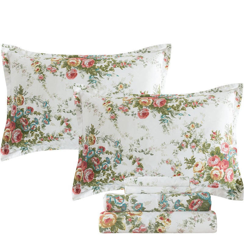 FADFAY Vintage Rose Floral Bed Sheet Set King Size Premium 100 Cotton Shabby Floral Chic Off White Farmhouse Bedding Deep Pocket Fitted Sheet 4Pieces 1Flat Sheet 1 Fitted Sheet 2 Pillowcases