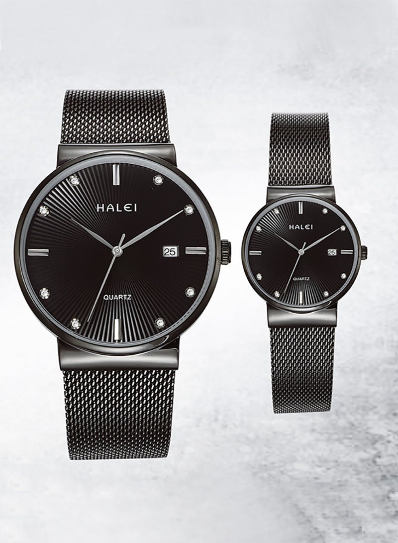 Halei 8024ml quartz with calendar mesh strap simple couple watch stainless steel strap - Image 1