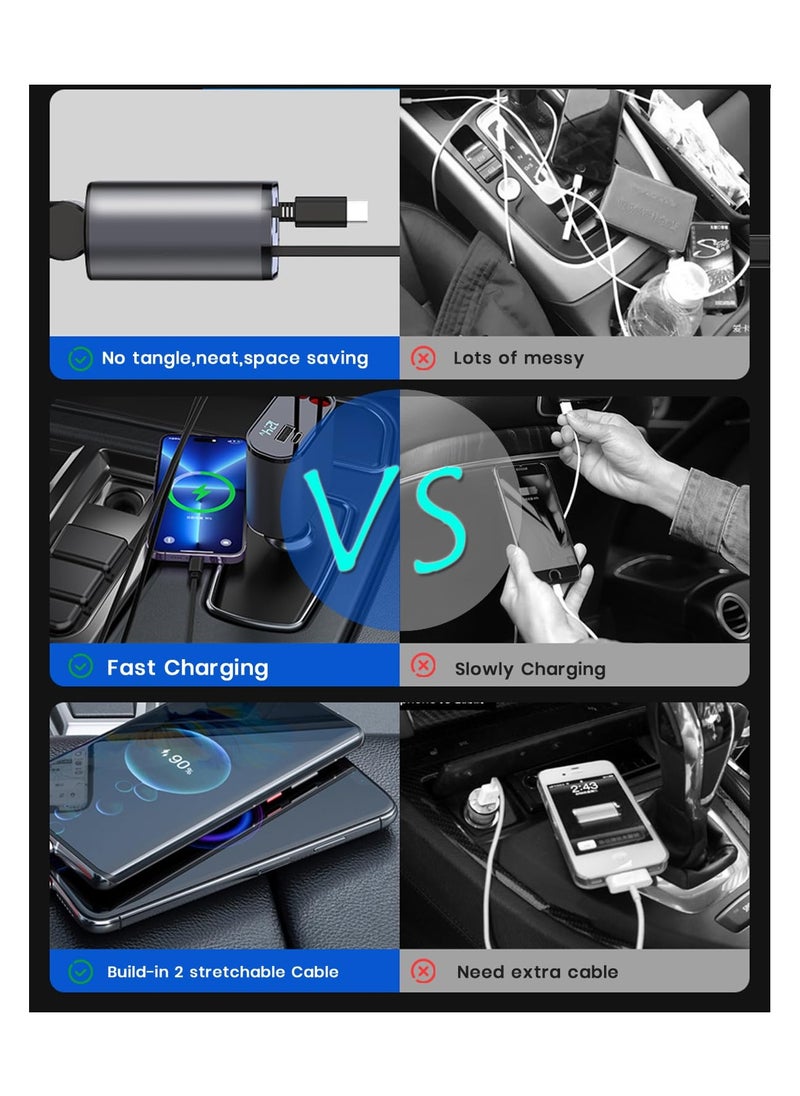 SYOSI - 4-in-1 Car Charger with Dual Retractable Cable, Dual Port USB C PD Fast Charging Car Adapter Car Cigarette Lighter Adapter with Voltage Display Compatible with iPhone 14 13 Pro Max, iPad, Samsung - Image 1
