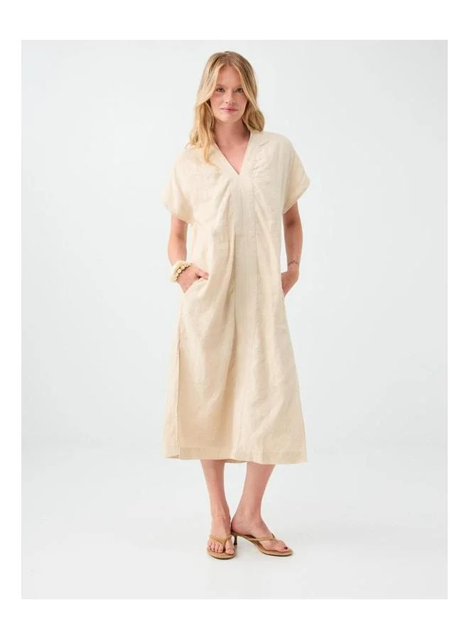 Jimmy Key Stone 100% Linen V-Neck Midi Dress.