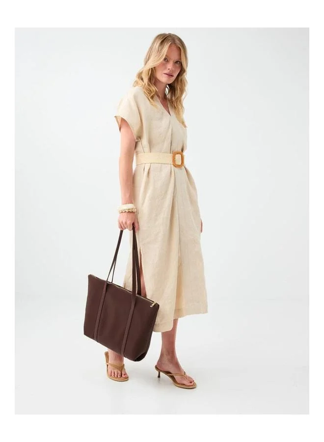 Jimmy Key Stone 100% Linen V-Neck Midi Dress.
