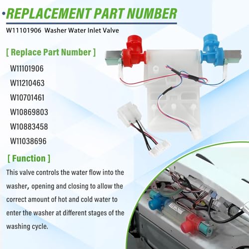 Semzohc W11101906 w10869803 ntw4516fw3 Washer Washing Water Inlet Valve Compatible with whirl-pool, ama-na, cro-sley Washer NTW4655EW1, NTW4665GW0, NTW4516FW2, NTW4516FW3, NTW4516FW4, NTW4605EW1 - Image 4