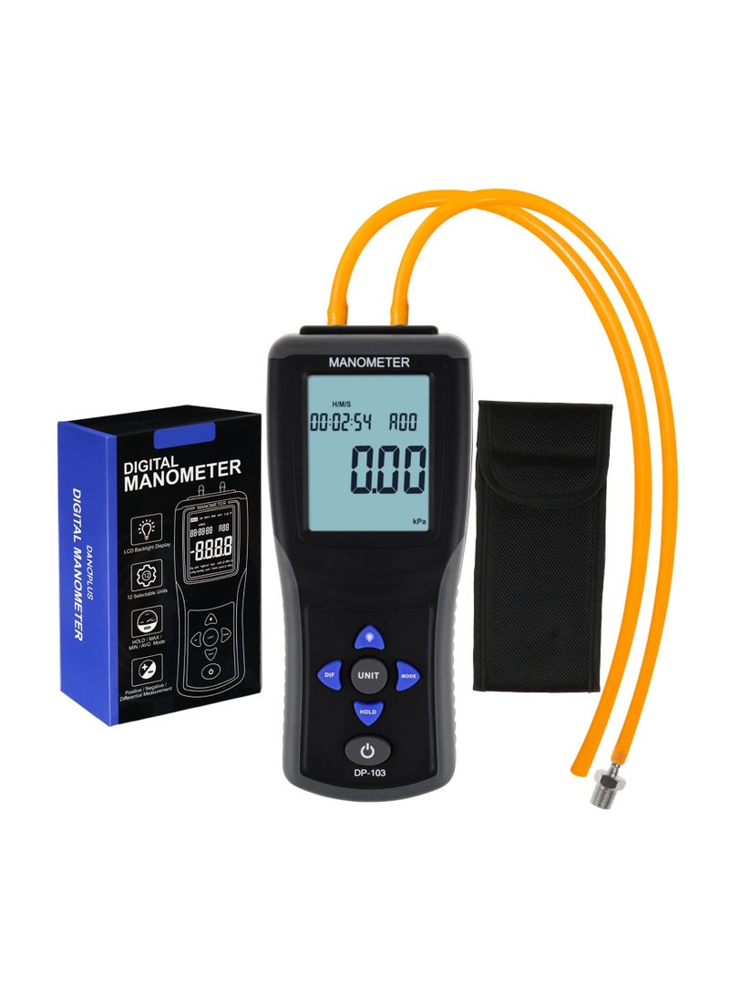 Digital Manometer Gas Pressure Tester, 12 Units Professional Manometer HVAC Air Pressure Testing Tool Pressure Meter HVAC Airflow Pressure Testing Tool with Large LCD Display Backlight for Home and RV - Image 1