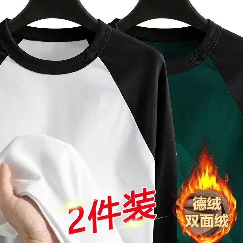 Boys Raglan Sleeve Long-Sleeved T-Shirt With Fleece Base Shirt Trendy Brand Loose All-Match Men'S Half-High Collar Sweater Winter - Image 1