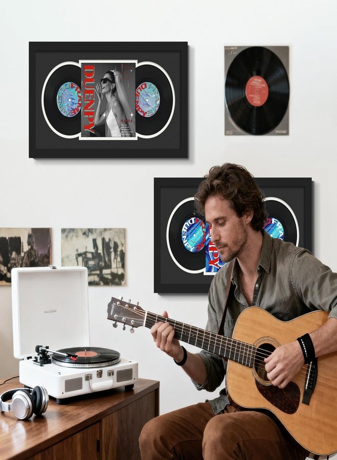 DUENPY Vinyl Record Display Frame 15.6x31.5 Inches Display Record Album and 12.5x12.5 Album Cover Art Wall Mount Black White Mat - Image 3