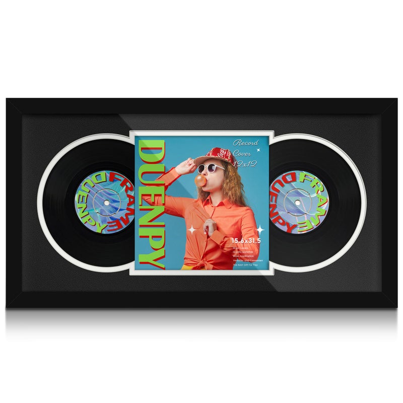 DUENPY Vinyl Record Display Frame 15.6x31.5 Inches Display Record Album and 12.5x12.5 Album Cover Art Wall Mount Black White Mat - Image 1
