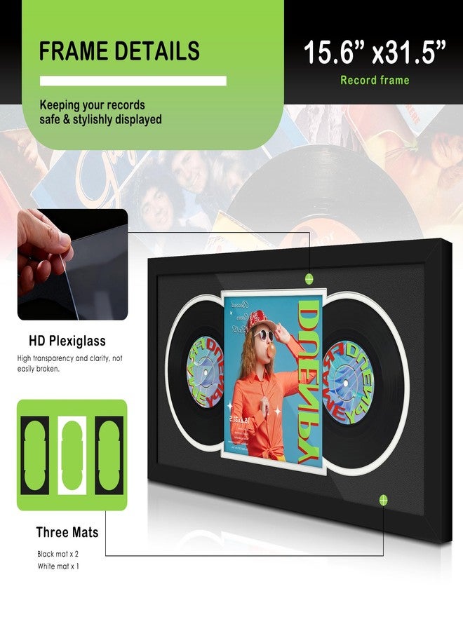 DUENPY Vinyl Record Display Frame 15.6x31.5 Inches Display Record Album and 12.5x12.5 Album Cover Art Wall Mount Black White Mat - Image 4