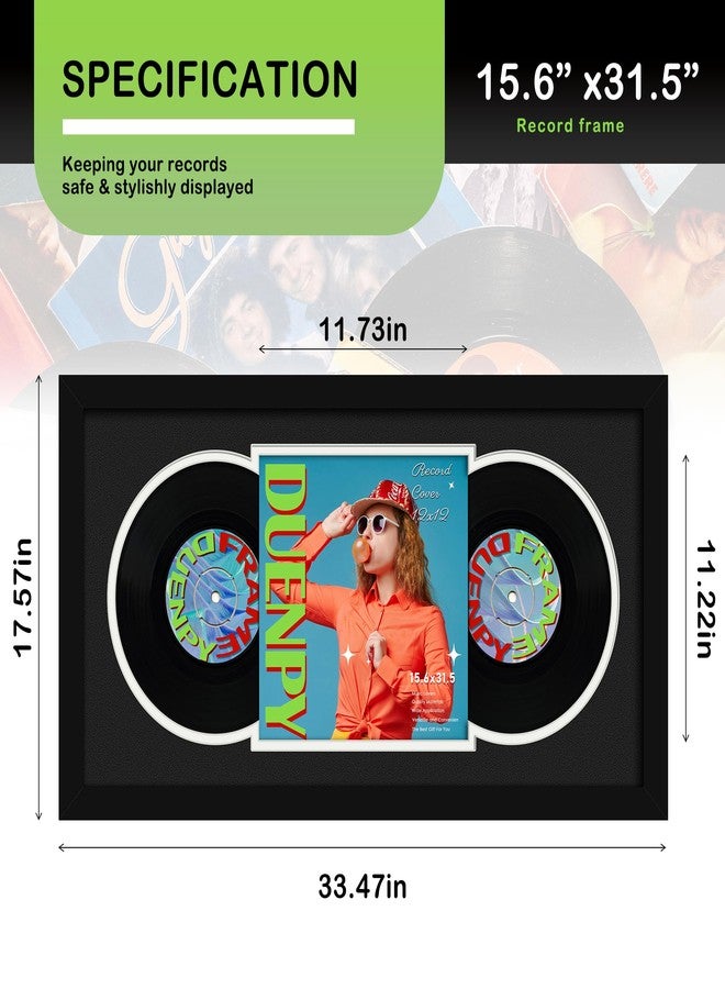 DUENPY Vinyl Record Display Frame 15.6x31.5 Inches Display Record Album and 12.5x12.5 Album Cover Art Wall Mount Black White Mat - Image 2