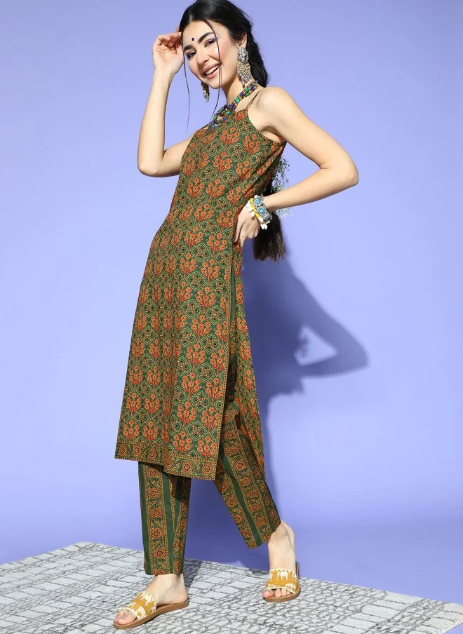 STREET 9 Olive Pure Cotton Printed Kurta Set for Women
