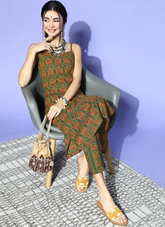 STREET 9 Olive Pure Cotton Printed Kurta Set for Women