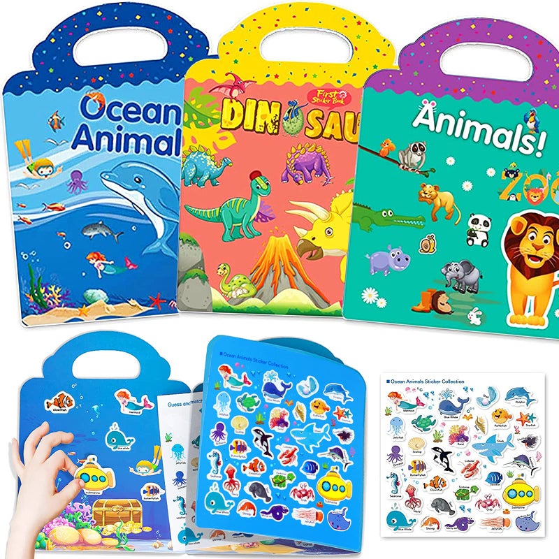 Reusable Sticker Books for Kids 3 Sets Travel Removable Toddler Sticker Books for 3 4 5 Year Old Girls Boys Birthday Gifts Educational Learning Toys for Age 35  Ocean  Zoo Animals Dinosaur