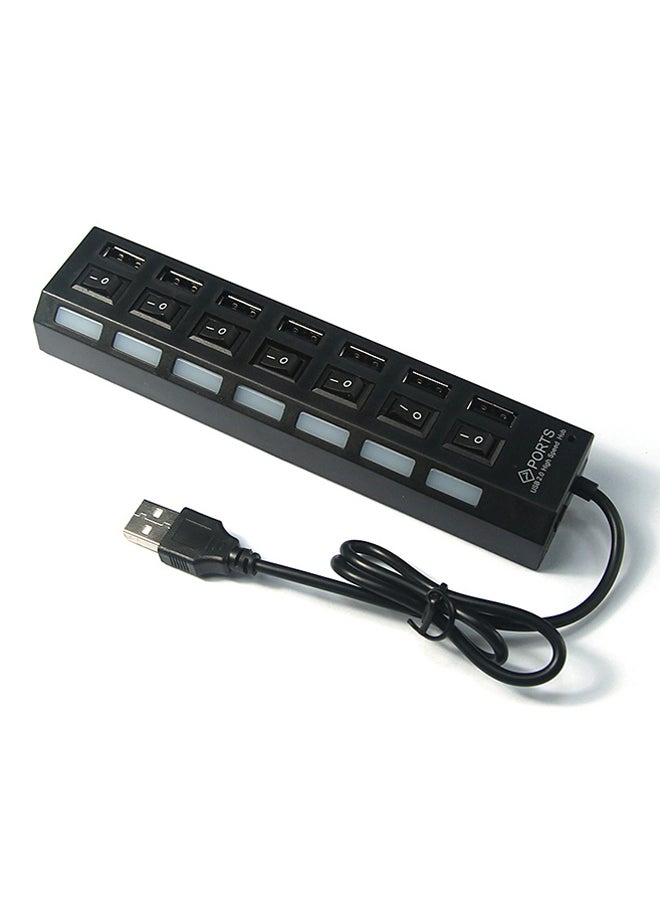 محول موزع بـ 7 منافذ USB 2.0 مزوّد بإضاءة LED مع مفتاح تشغيل أسود