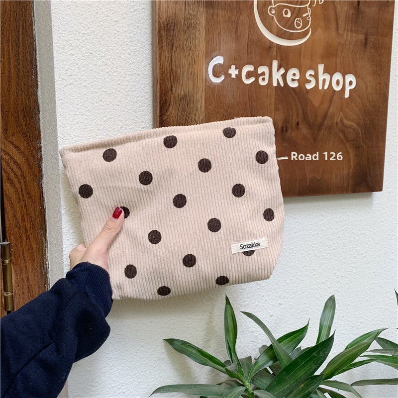 Corduroy Smile Face Makeup Bag Polka Dot Vintage Clutch Pouch apricot wave point