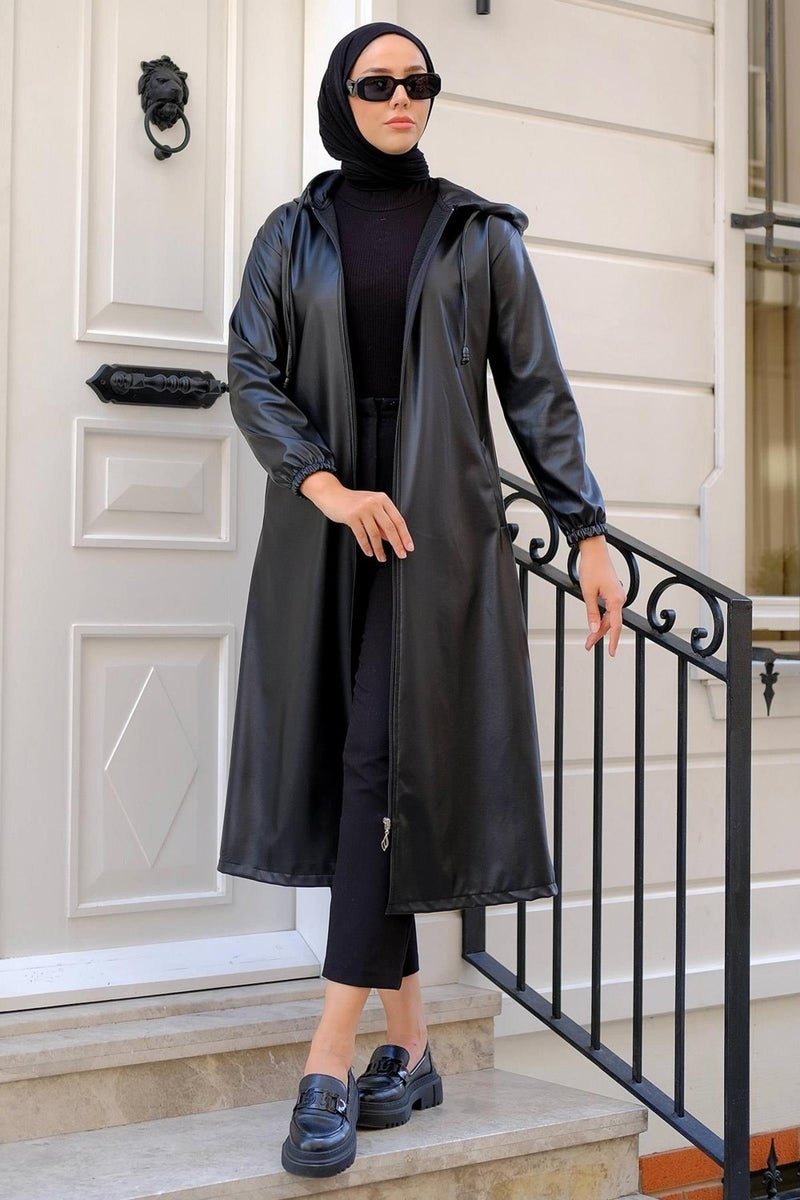 Hafsa Mina Faux Leather Trench Coat Black HM2278 - Image 1