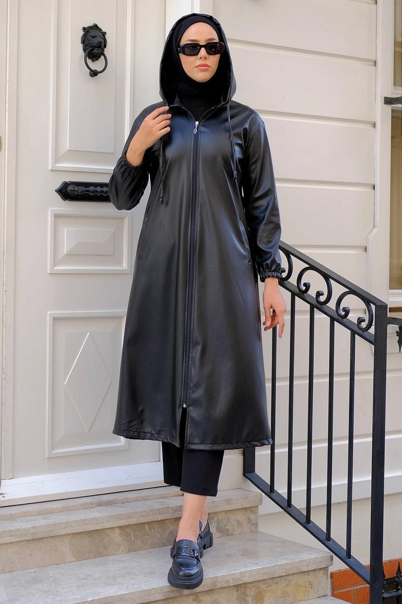 Hafsa Mina Faux Leather Trench Coat Black HM2278 - Image 3