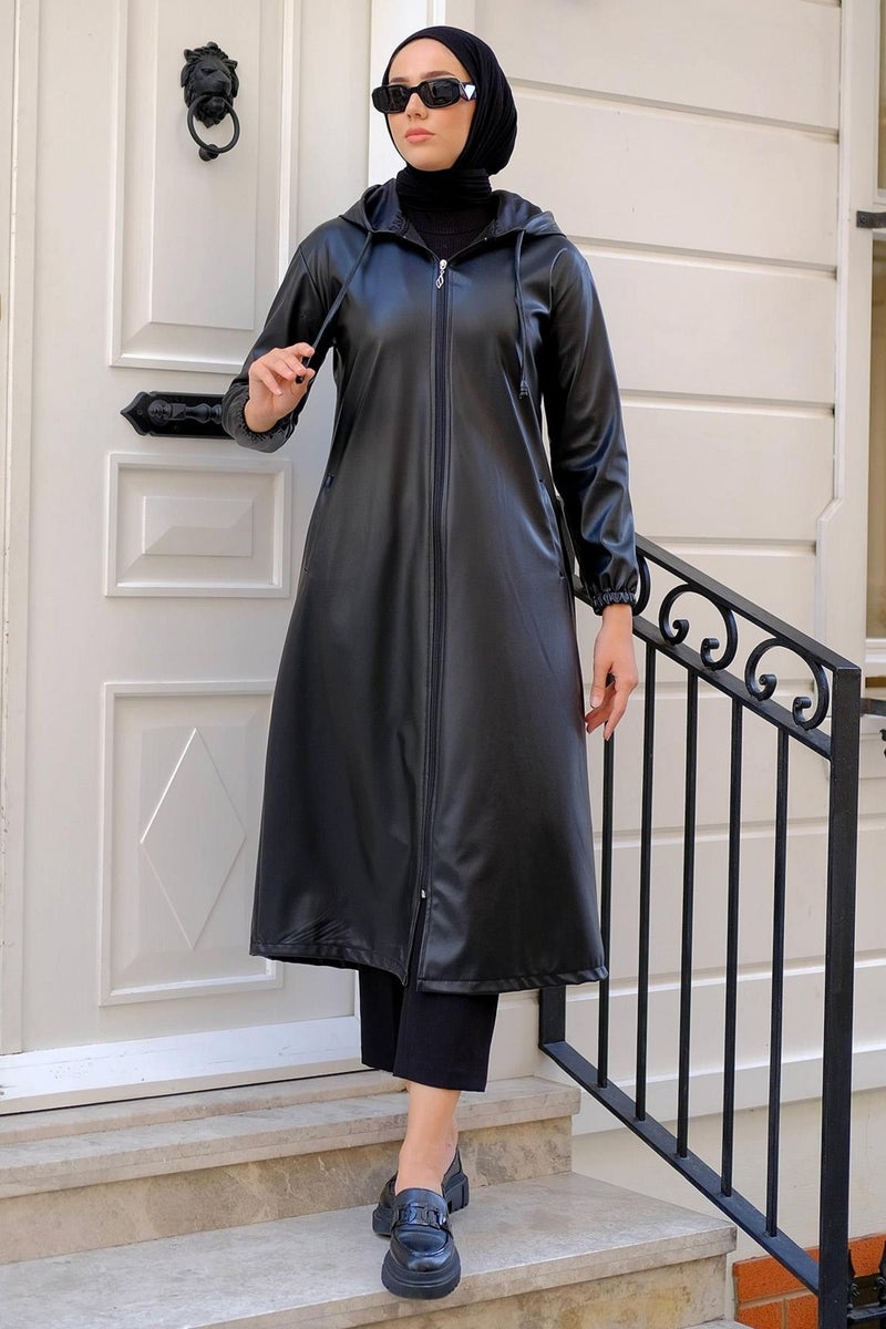 Hafsa Mina Faux Leather Trench Coat Black HM2278 - Image 2