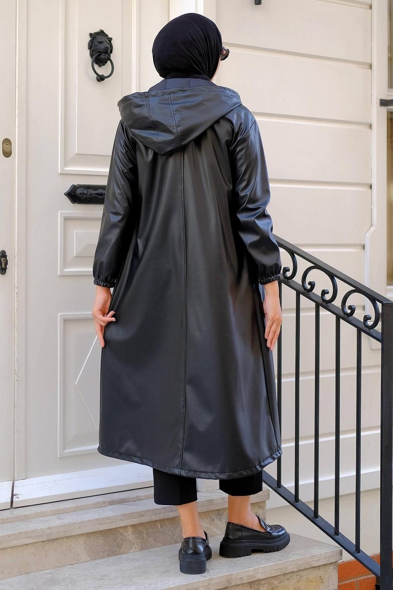 Hafsa Mina Faux Leather Trench Coat Black HM2278 - Image 5